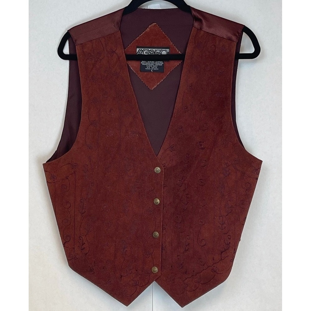 Vtg AGAPO COLLECTION Suede Leather Vest L Burgundy Embroidered Western Button